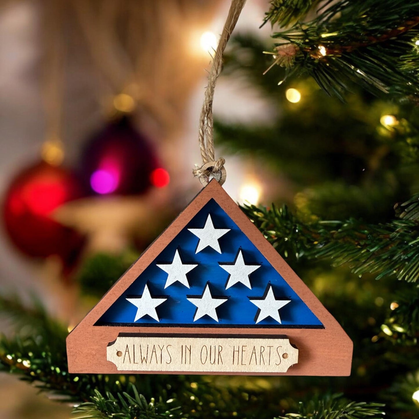Folded Flag Ornament – "Always in Our Hearts" or "Never Forgotten"