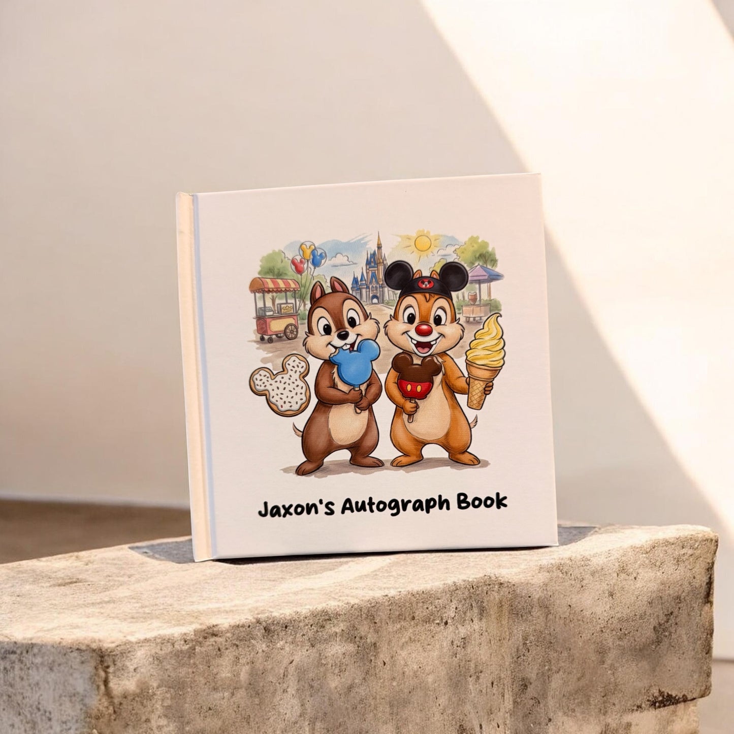 Personalized Chip & Dale Autograph Book – Disney Snack Theme, Custom Name Disney Trip Signature Book for Kids