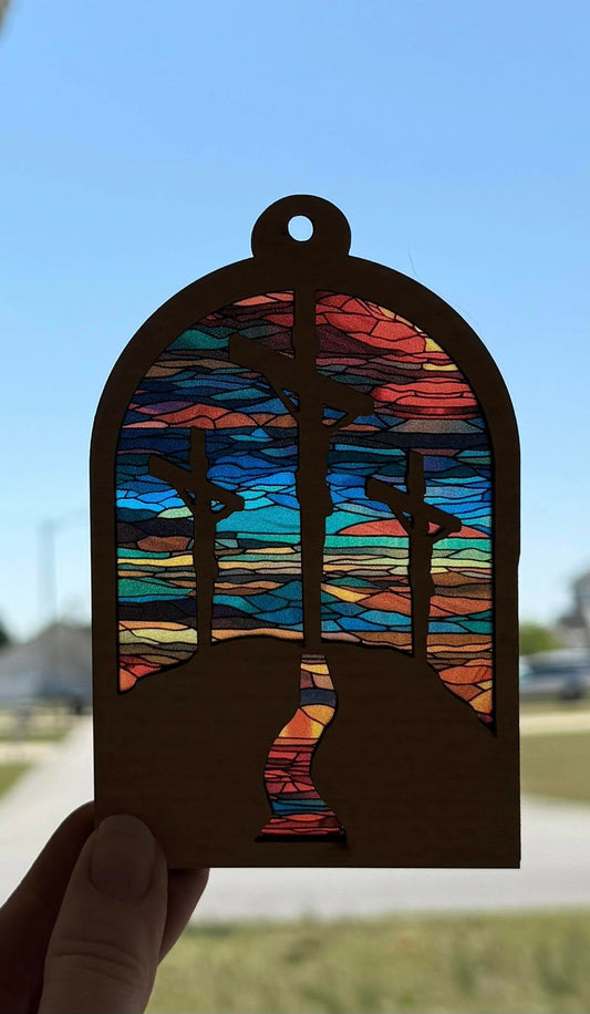 Mountain Ridge Three Crosses Car Charm – Faith-Inspired Rearview Mirror Decor