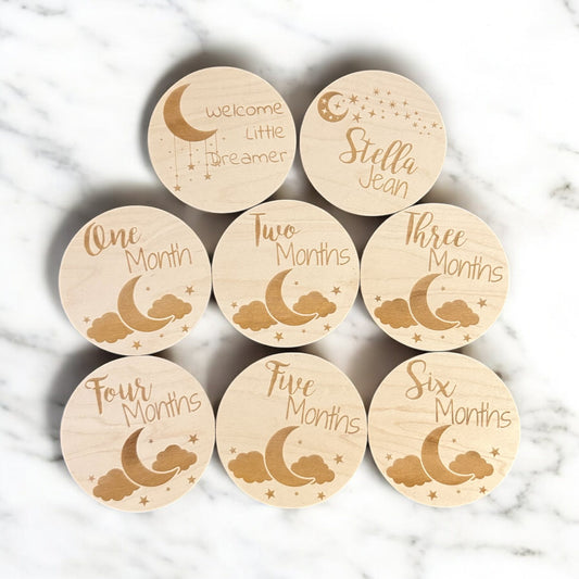 Moon & Stars Baby Milestone Set – Includes Personalized Name Sign