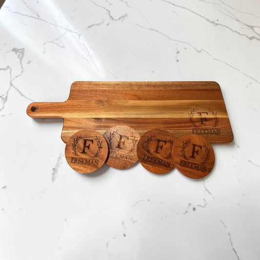 Personalized Charcuterie Board & Coaster Set | Engraved Family Name Cutting Board | Custom Housewarming Gift