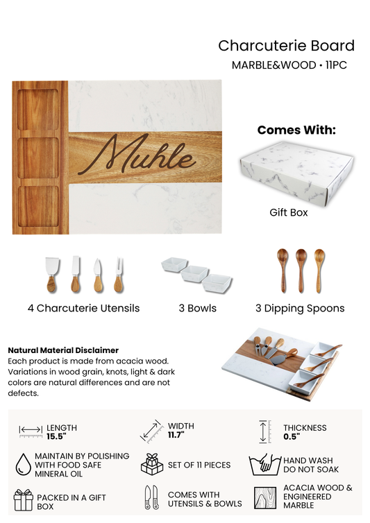 Personalized Marble & Acacia Wood Charcuterie Board Set | Custom Housewarming Gift | Wedding & Closing Gift