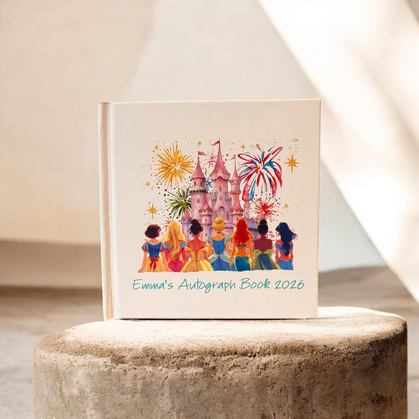 Personalized Disney Princess Autograph Book – Castle Fireworks Design, Custom Name Disney Trip Signature Book for Kids