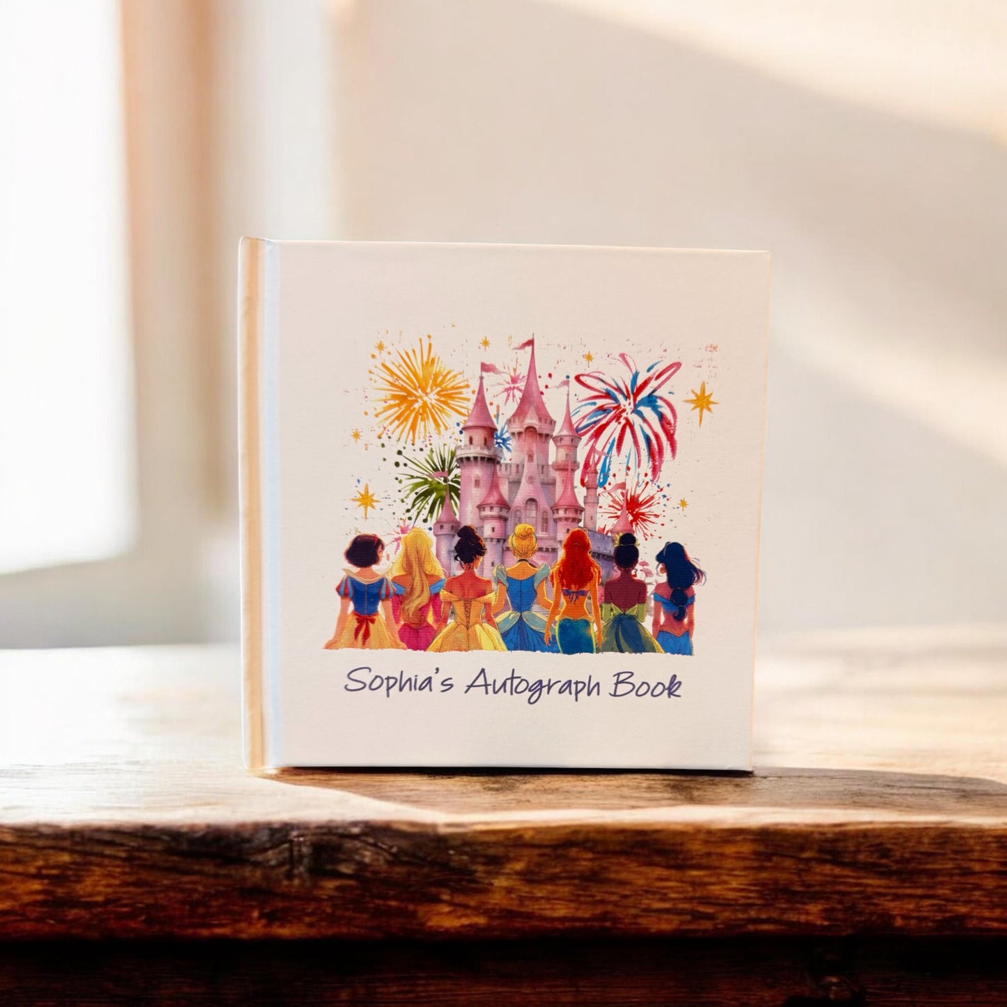 Personalized Disney Princess Autograph Book – Castle Fireworks Design, Custom Name Disney Trip Signature Book for Kids