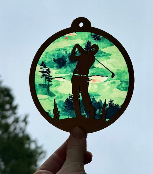 Golfer Sun Catcher – Custom Background | Unique Gift for Golf Lovers
