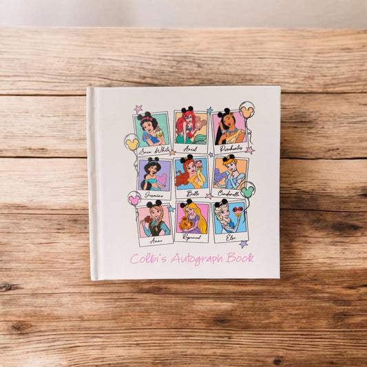 Personalized Disney Princess Autograph Book – Polaroid Princess & Snack Design, Custom Name Disney Trip Signature Book for Kids