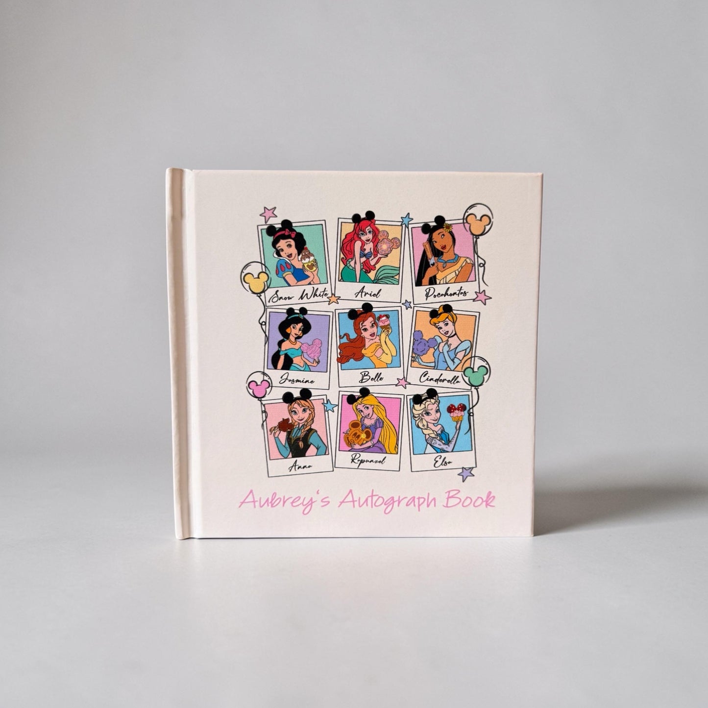 Personalized Disney Princess Autograph Book – Polaroid Princess & Snack Design, Custom Name Disney Trip Signature Book for Kids