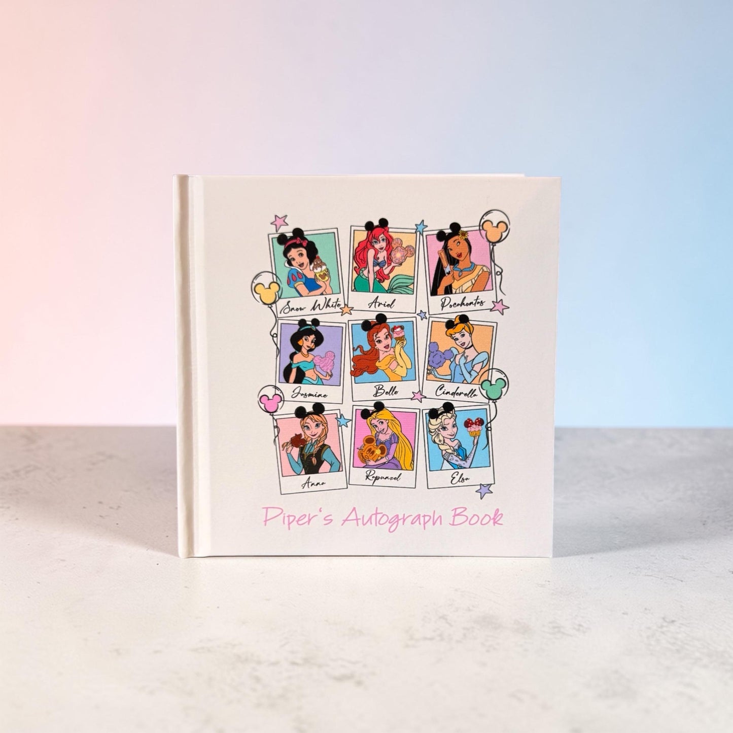 Personalized Disney Princess Autograph Book – Polaroid Princess & Snack Design, Custom Name Disney Trip Signature Book for Kids