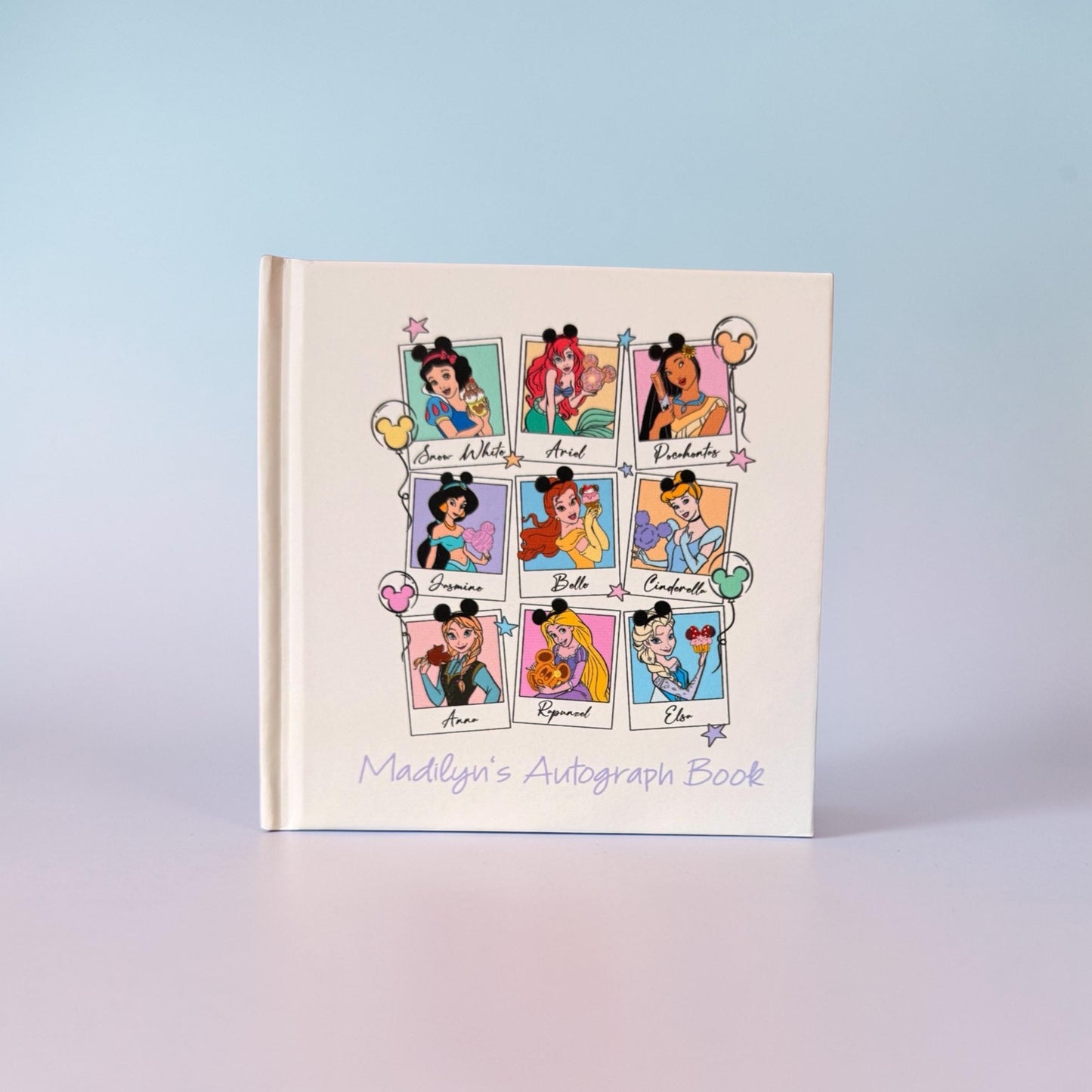 Personalized Disney Princess Autograph Book – Polaroid Princess & Snack Design, Custom Name Disney Trip Signature Book for Kids