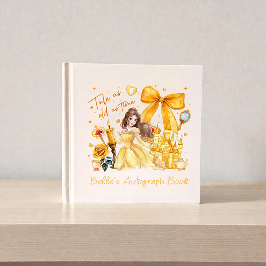 Personalized Belle Autograph Book – “A Tale as Old as Time” Design, Custom Name Disney Trip Signature Book for Kids