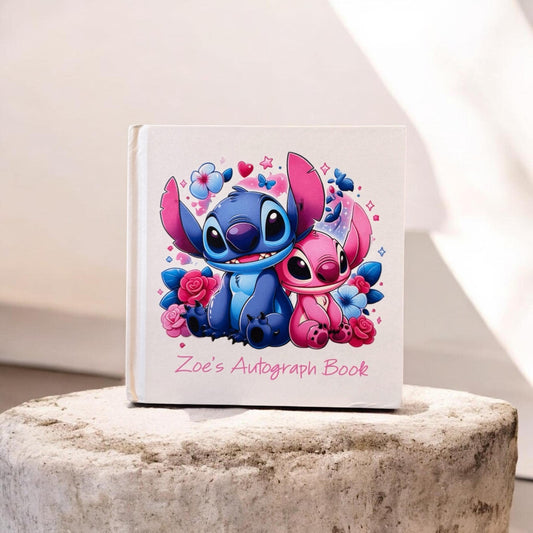 Personalized Stitch & Angel Autograph Book – Custom Name Disney Trip Signature Book, Lilo and Stitch Keepsake for Kids
