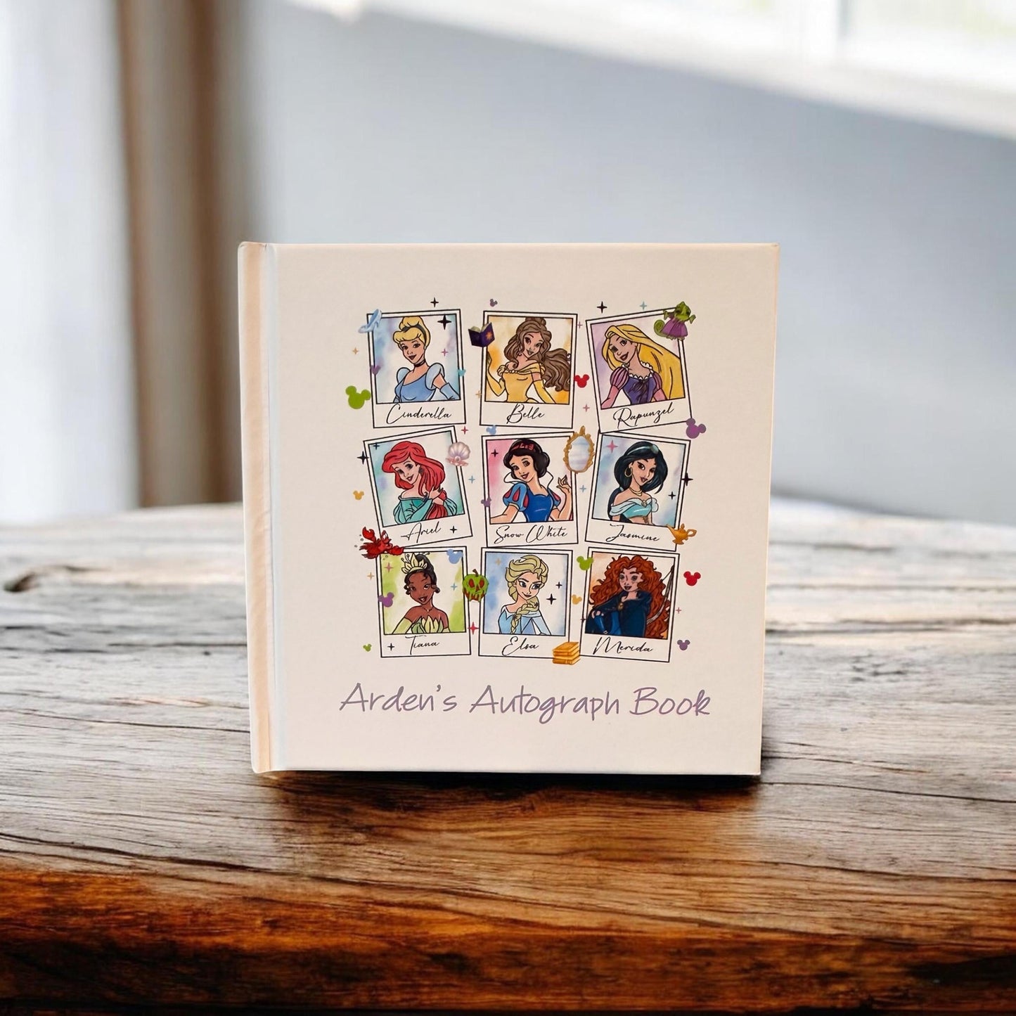 Personalized Disney Princess Autograph Book – Polaroid Princess Design, Custom Name Disney Trip Signature Book for Kids