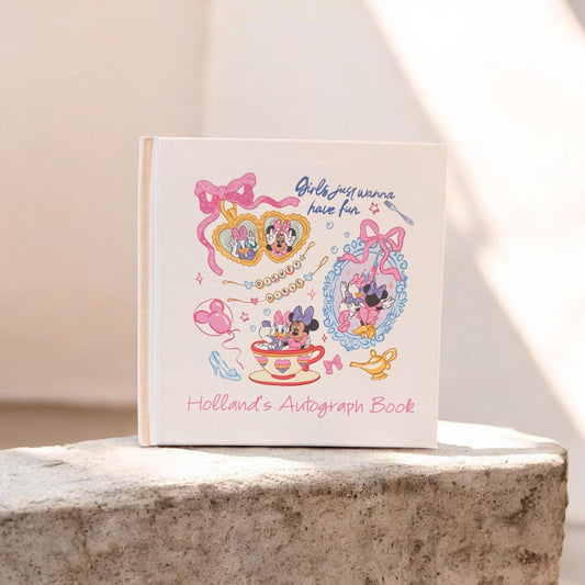 Personalized Minnie & Daisy Autograph Book – Custom Name Disney Trip Signature Book, Daisy Duck Minnie Mouse Keepsake for Kids