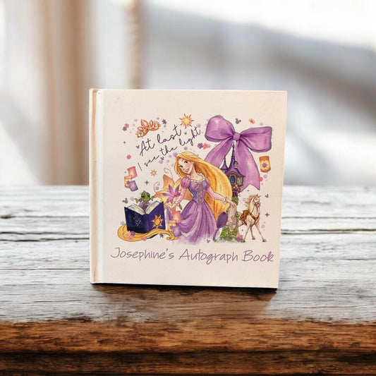 Personalized Rapunzel Autograph Book – “Now I See the Light” Design, Custom Name Disney Trip Signature Book for Kids