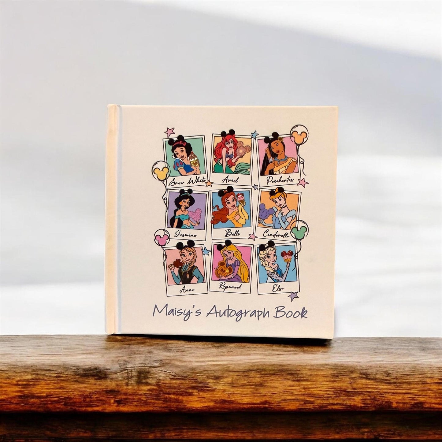 Personalized Disney Princess Autograph Book – Polaroid Princess & Snack Design, Custom Name Disney Trip Signature Book for Kids