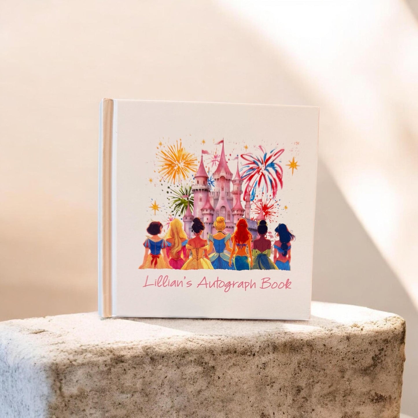 Personalized Disney Princess Autograph Book – Castle Fireworks Design, Custom Name Disney Trip Signature Book for Kids
