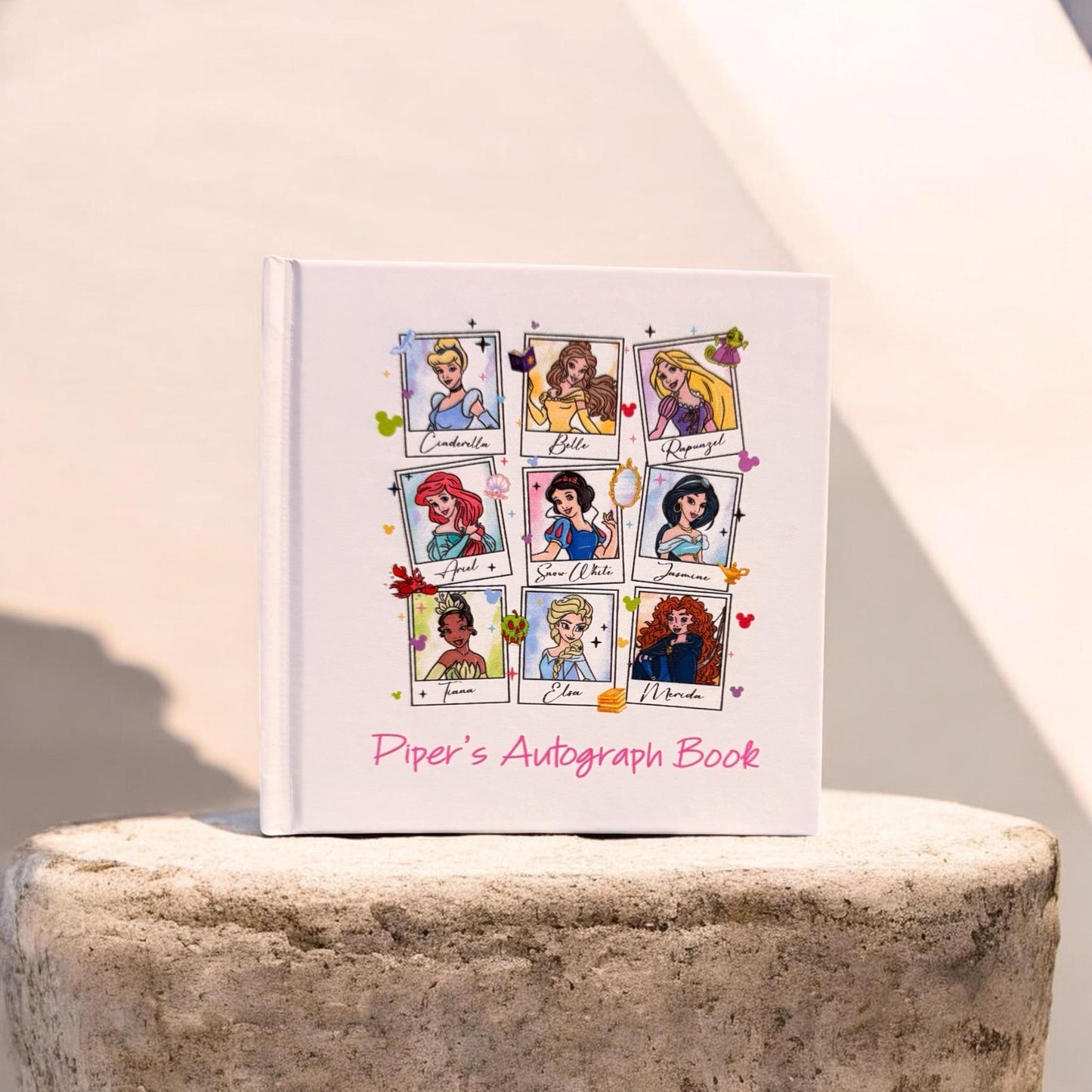 Personalized Disney Princess Autograph Book – Polaroid Princess Design, Custom Name Disney Trip Signature Book for Kids