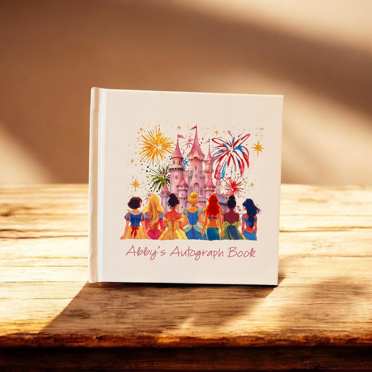 Personalized Disney Princess Autograph Book – Castle Fireworks Design, Custom Name Disney Trip Signature Book for Kids