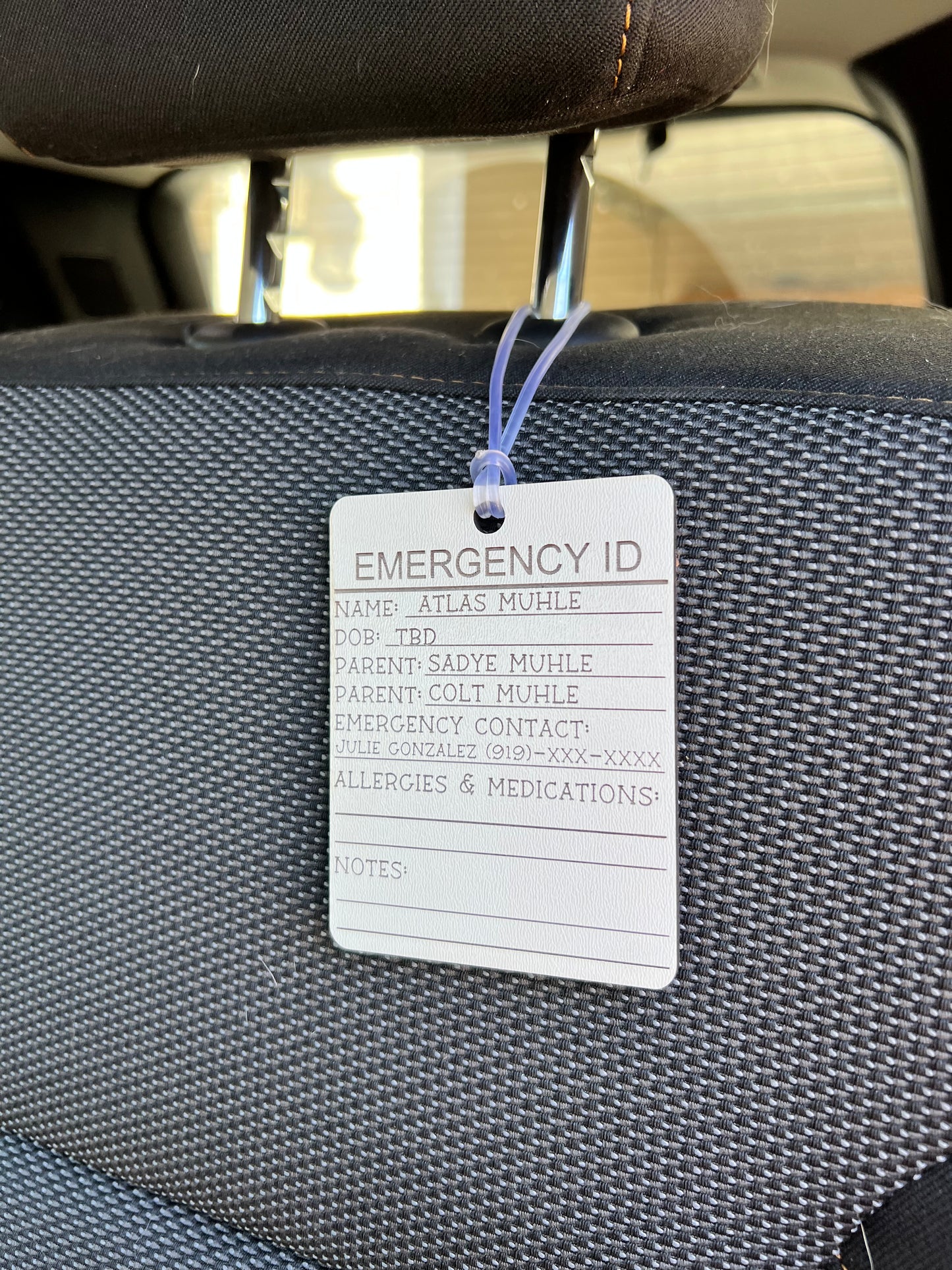 Emergency ID Tag for Car Seat